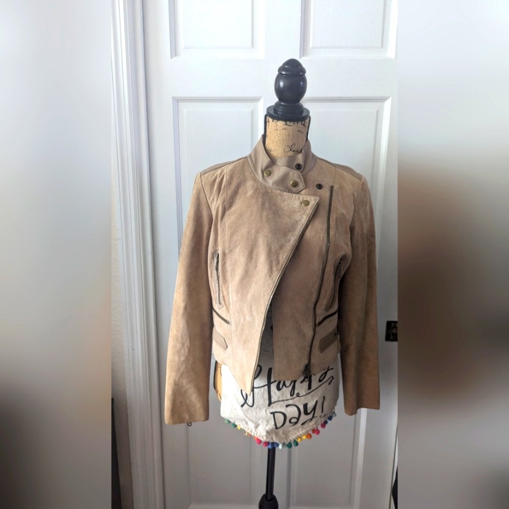Bebe Womens Tan Genuine Leather Suede Moto Jacket Size M